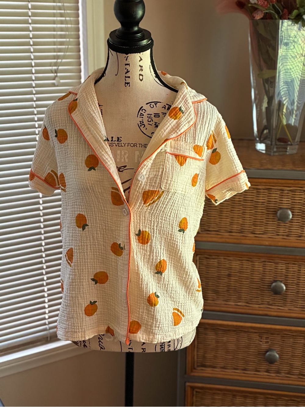 Women’s Cream Short-Sleeve Pajama set Orange Print